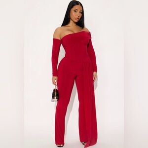 Fashion Nova Bold Red Off-Shoulder Jumpsuit
